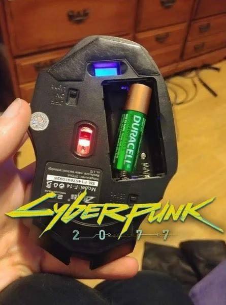 This meme is a photo of a laser pointer with a battery compartment that has been modified to hold a single AA battery. The image is captioned "I'm not lazy, I'm just recharging my expectations" from the video game "Cyberpunk 2077". The joke is that the character's expectation of a high-tech, futuristic world is actually just a simple, low-tech battery.